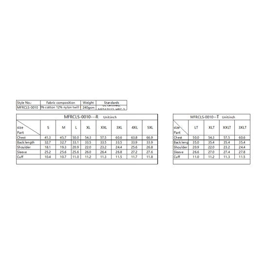 Two sizing charts for the ForgeFR Chambray Shirt MFRCLS0010 display chest, back length, shoulder, sleeve, and cuff measurements in inches for sizes S to 5XL.