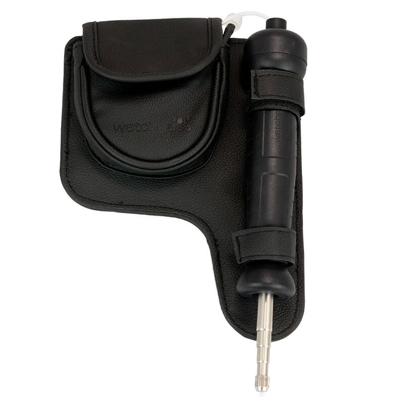 A black leather carrying pouch from WatchGas holds a black-handled tool with a metal tip—possibly a torque driver or screwdriver—designed for use with the WatchGas Aluminum Telescopic Probe, making it ideal for remote distance sampling; the items are displayed against a white background.