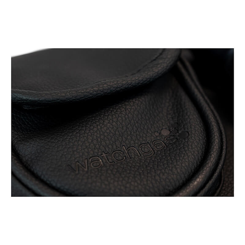 Close-up of black textured leather embossed with the WatchGas logo and three dots, designed for use in ATEX environments and ideal for remote distance sampling using the WatchGas Aluminum Telescopic Probe with Carrying Pouch.