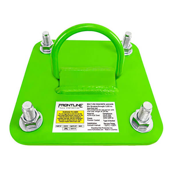 The Frontline Fall Protection COP01 Concrete & Steel D-Ring Reusable Anchor Plate is a green metal anchor with a central D-ring, four corner bolts, and a white label. Ideal for fall arrest in construction as an anchor point on concrete or steel.