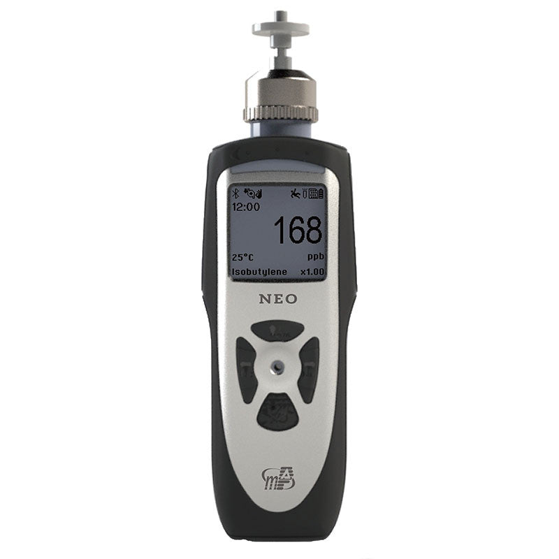 The mPower NEO Photo-Ionization Detector MP184 PPB (Black Boot) Kit by mPower Electronics features a digital display that shows a reading of 168 ppb. The screen also indicates a temperature of 25°C, with reference to isobutylene. Equipped with Bluetooth Low Energy, the device includes multiple buttons for operation and adjustment, enhancing its ability to monitor VOC levels effectively.