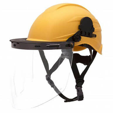 The Pyramex Safety Ridgeline Cap Style Hard Hat Adapter HHABCMR in yellow includes an attached clear face shield and is complemented by black adjustable straps.