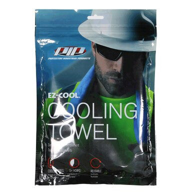 The packaging for the PIP EZ-COOL Cooling Towel 396-602-B, made from Poly Vinyl Alcohol, features an illustration of a person wearing a hat and sunglasses with the towel draped around their neck. It highlights features such as "5 Hours Cool Time" and "Reusable.
