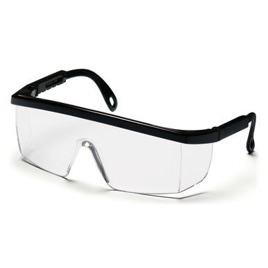 Pyramex Integra Safety Glasses from Pyramex Safety feature a wraparound design for side protection, clear lenses, black frames, adjustable temples, and are ANSI Z87.1 certified for UV protection.
