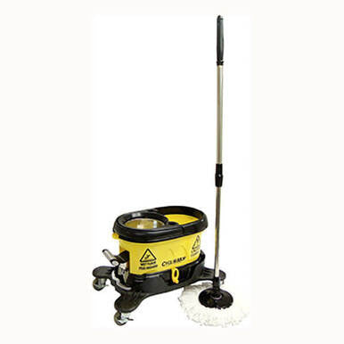The Hurricone CycloMop Spin Mop with Dolly CM500D by Hurricone features a yellow mop bucket on wheels, complete with a caution sign and a long mop handle sporting a black grip. Its white, round microfiber mop head complements the 360-degree rotating spin system seamlessly. The bucket is equipped with a stainless steel wringer for efficient water removal.