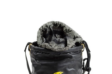 Introducing the Python Safety Vinyl Safe Bucket with Drawstring 1500139 from 3M Fall Protection, this black bag showcases a robust vinyl exterior and a gray crinkled fabric visible at the top. It features striking yellow accents and a front logo, providing practical tool tethering for enhanced safety.