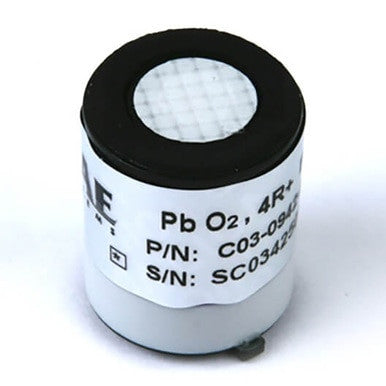 A cylindrical component from PK Safety Supply, functioning as an Oxygen Smart Sensor with a white grid top labeled "Pb O2, 4R+", is identified by the part number "C03-094" and serial number "SC034249". Designed for compatibility with ToxiRAE Pro and MultiRAE Models, it features a white label encircling its side.
