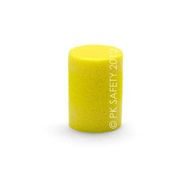 A single 3M E-A-R Classic Foam Earplug from the 200 Pair/Box 310-1001 stands upright on a white background, offering reliable hearing protection. "© PK SAFETY 2012" is printed vertically along this premium yellow foam earplug.