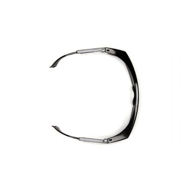 The Pyramex Integra Safety Glasses Adjustable Temples, available in a box of 12 from Pyramex Safety, feature a black curved frame with thin arms and small metal hinges against a white backdrop. They comply with ANSI Z87.1 standards, ensuring both quality and safety for headwear or wearable devices.