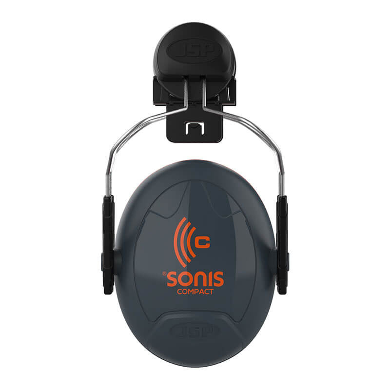 A pair of PIP Sonis Compact Full Brim Mounted Passive Ear Muffs, featuring a black and orange design with a sturdy headband and cushioned ear pads for effective noise protection. They are rated NRR 24 and depicted from the front.