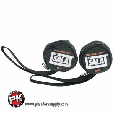 Two black zippered pouches featuring the "DBI-SALA" logo and "Keep Cover to Deploy" text. Designed as a harness accessory, each pouch includes safety straps labeled "Loop" and "Hook." In the bottom left corner, you'll find the logo and website URL of PK Safety Supply. This product is known as the DBI-SALA Suspension Trauma Strap 9501403 by 3M Fall Protection.