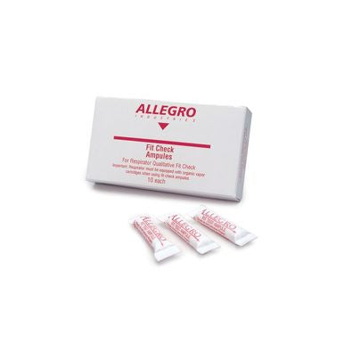 A box labeled "Allegro Banana Oil Fit Check Testing Ampules" by Allegro is shown on a white background with three ampules in front; the packaging, used for respirator fit test procedures, is white with red text.