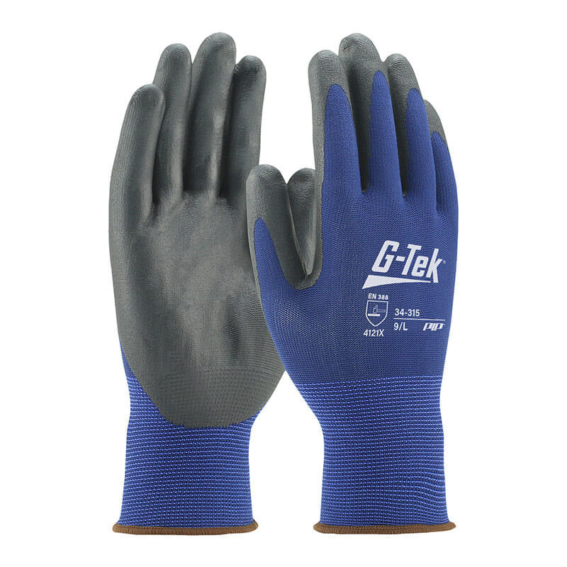 Two PIP G-Tek Knit PolyKor gloves in blue and gray are displayed upright. They feature a textured nitrile-coated foam grip on the palm and fingers, with "G-Tek" branding and details on the back. Rated at ANSI abrasion level 4, these gloves are labeled as size 9/L under the PIP - Protective Industrial Products brand.