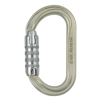 The Petzl OXAN Steel Carabiner Triact-Lock M72A TLA by Petzl is a silver, oval-shaped high-strength carabiner with a triact-lock mechanism, shown vertically against a plain white background.