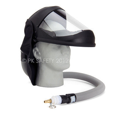 A mannequin head displays the Allegro Economy Supplied Air Face Shield with Low Pressure Adapter by PK Safety Supply, featuring a black and transparent face shield connected to a flexible gray hose with a nozzle attachment. This NIOSH-approved setup offers respiratory protection, making it ideal for use in industrial or safety environments.