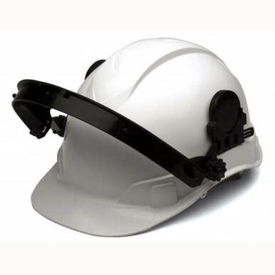 The Pyramex Ridgeline Cap Style Hard Hat Adapter HHABCMR by Pyramex Safety is a white helmet featuring a black adjustable visor attachment at the front, designed to protect the head in construction or industrial environments. It includes an adapter for seamless integration with your chosen safety glasses or face shield.