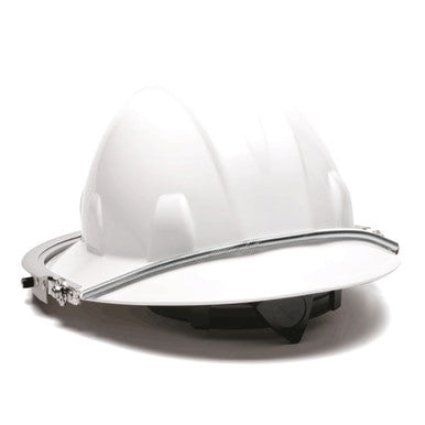 The Pyramex Safety Aluminum Full Brim Hard Hat Adapter HHAAW is designed for full brim hard hats, allowing attachment of a face shield for added head protection in construction or industrial settings.