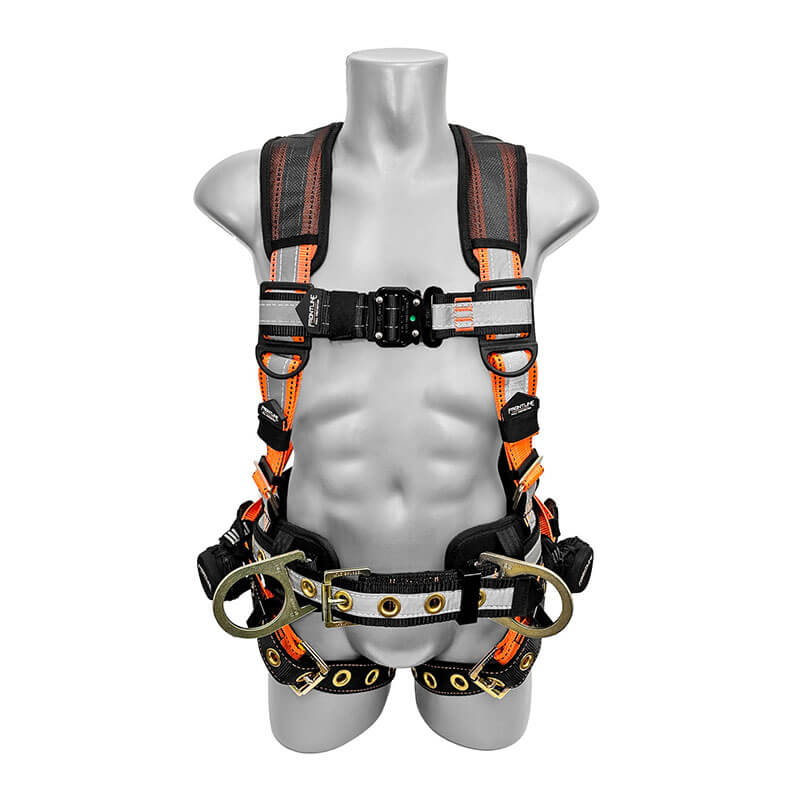 A gray mannequin torso displays the Frontline Combat Reflective Construction Full Body Harness 100RCTB by Frontline Fall Protection, featuring black and orange padded straps, metal rings, and buckles for industrial fall protection.