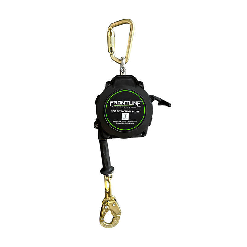 The Frontline Fall Protection Steel Snap Hook 20' SRL w/Carry on Handle RPG20 is a black self-retracting lifeline with gold steel snap hooks, labeled "Frontline Self Retracting Lifeline," meeting ANSI Z359.14-2021 fall protection standards.