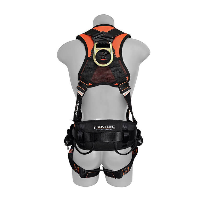 A mannequin wears the Frontline Combat Harness w/Tongue Buckle Legs, Trauma Straps by Frontline Fall Protection—a black and orange full-body harness with adjustable straps, rear D-ring, and trauma straps for construction fall safety.