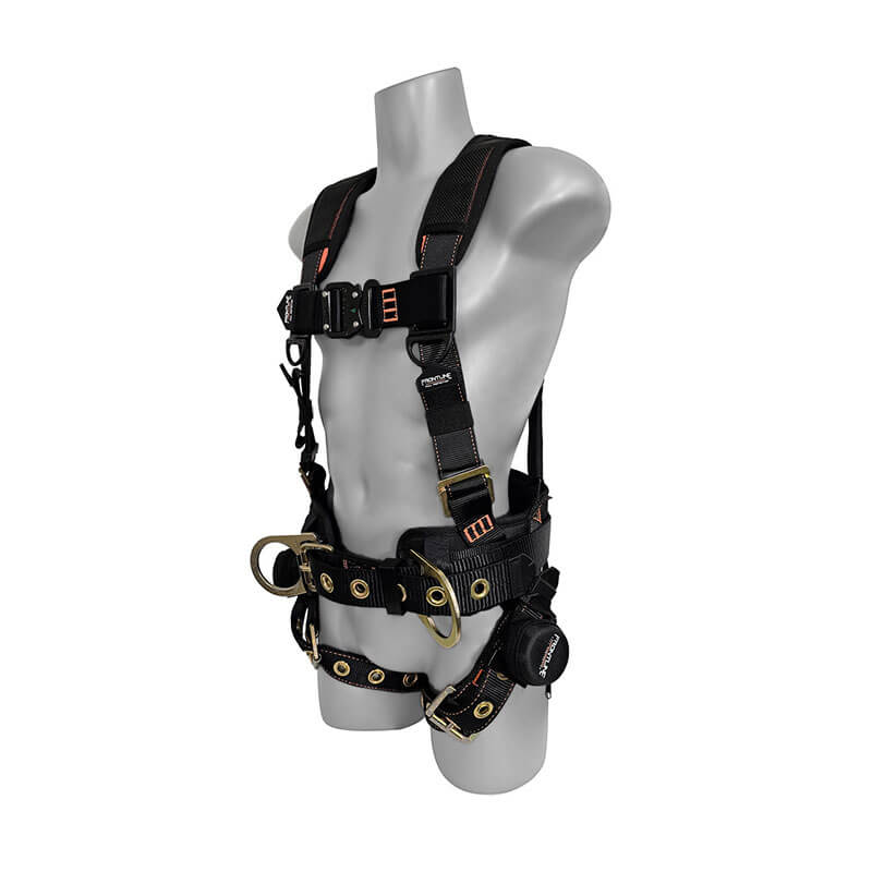 A gray mannequin torso showcases the Frontline Combat Harness w/Tongue Buckle Legs and Trauma Straps by Frontline Fall Protection, a black full body harness with multiple straps, buckles, rings, and trauma straps for construction safety.