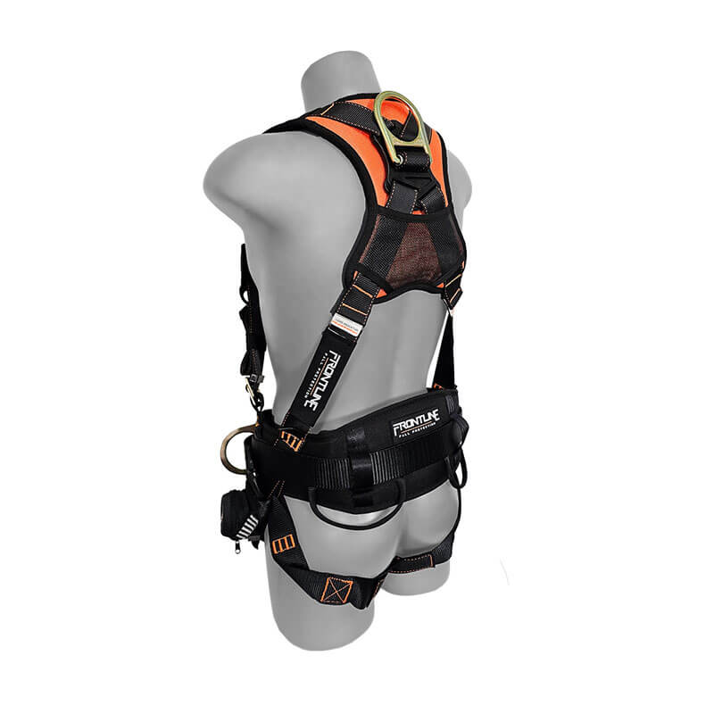 A mannequin wears the Frontline Combat Harness w/Tongue Buckle Legs and Trauma Straps by Frontline Fall Protection—a black and orange full-body harness with padding, suspension trauma straps, and a metal D-ring on the back for safety.
