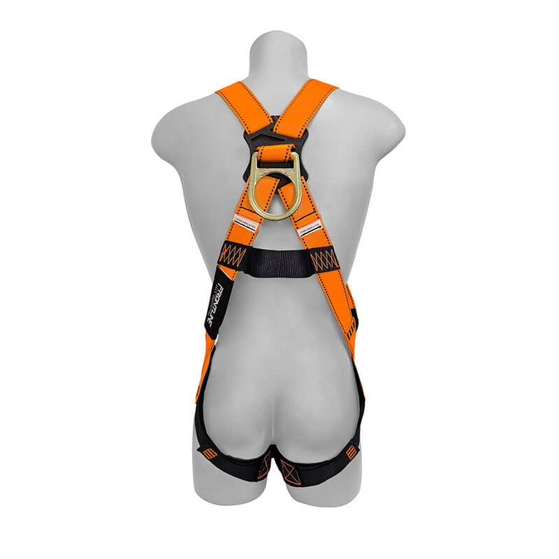A mannequin displays the Frontline Combat Economy Series Full Body Harness 100VMB-UN by Frontline Fall Protection, featuring orange and black adjustable straps and a large metal ring on the upper back for economical fall protection.