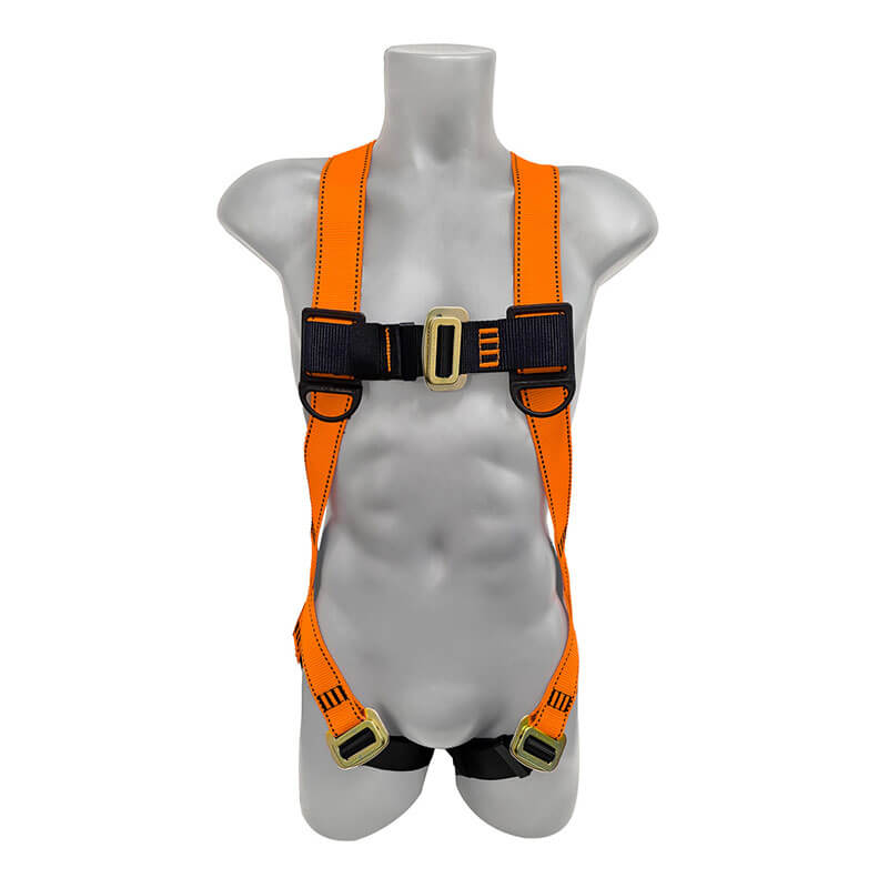 A gray mannequin torso displays the Frontline Fall Production Combat Economy Series Full Body Harness 100VMB-UN in orange with black and yellow buckles and adjustable straps, shown from the front for fall protection.