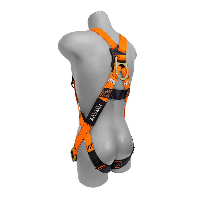 A gray mannequin torso displays the Frontline Fall Protection Combat Economy Series Full Body Harness 100VMB-UN, featuring orange and black straps with multiple buckles for fall protection, viewed from the back.