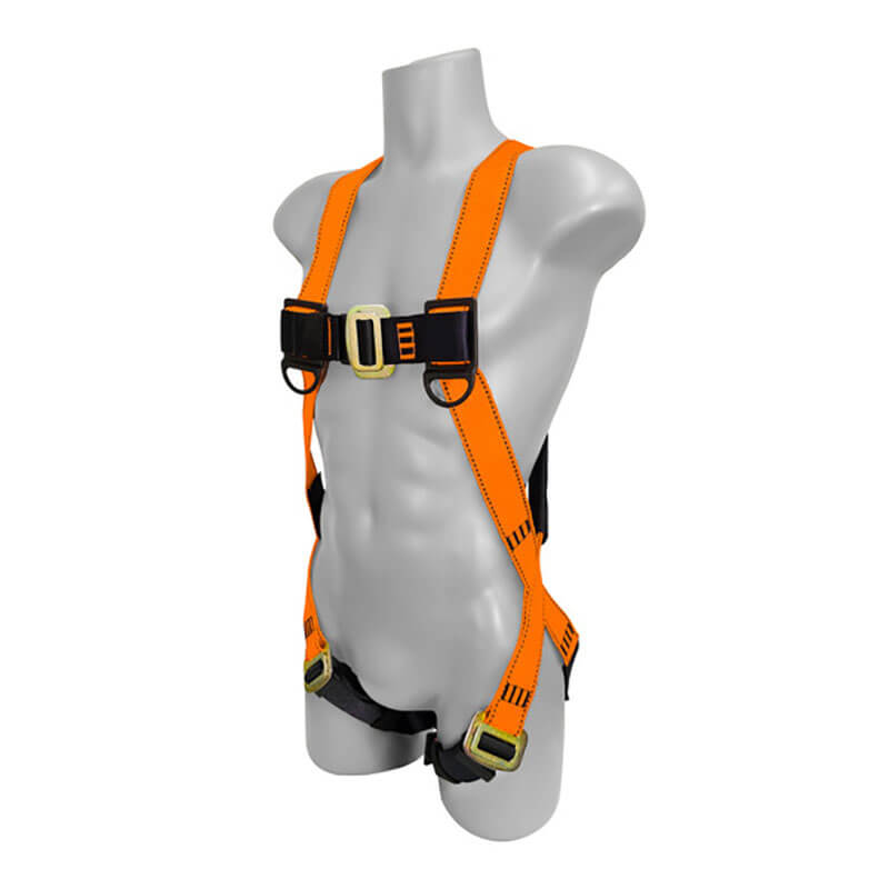 A gray, headless mannequin torso displays the Frontline Combat Economy Series Full Body Harness 100VMB-UN by Frontline Fall Protection in orange with black straps and metal buckles, designed for secure fall protection around chest, waist, and legs.