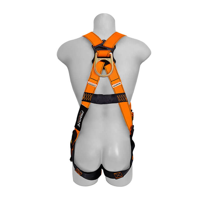 A mannequin displays the Frontline Combat Economy Full Body Harness w/Tongue Buckle Legs by Frontline Fall Protection in safety orange polyester, shown from the back with adjustable straps and reinforced stitching for secure support.