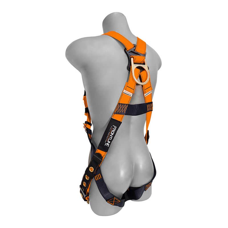 A gray mannequin torso displays the Frontline Combat Complete Roofers Kit safety harness by Frontline Fall Protection, featuring adjustable straps, metal buckles, and a large back D-ring for secure attachment.