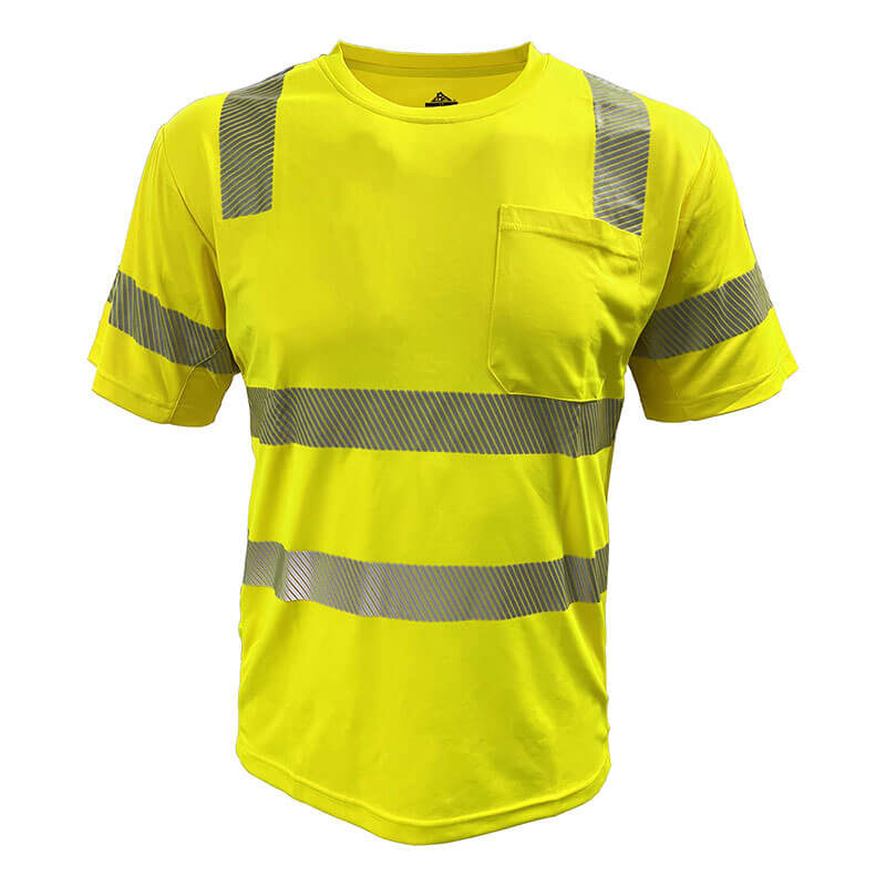The PIP EcoChill Short Sleeve T-Shirt with Coolmax 104CMPS by PIP is a hi-vis yellow safety shirt featuring gray reflective stripes, a left front pocket, and ANSI Type R Class 3 certification.