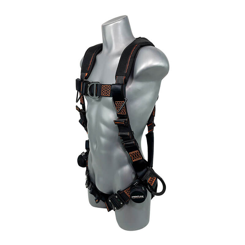 A silver mannequin torso displays the Frontline Fall Protection Frontline Combat Vest Harness with front side D-rings, padded shoulder straps, buckles, suspension trauma straps, and adjustable points at the chest, waist, and thighs.