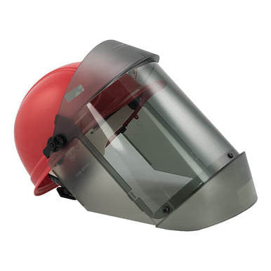 The Oberon Deluxe 12 Cal TCG ArcShield with Red Hardcap 21AGR12AF-C500 is a red safety helmet from Oberon featuring a clear polycarbonate arc flash faceshield for head and face protection in industrial settings.