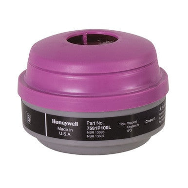 The Honeywell Safety North N-Series Organic Vapor Cartridge with P100 Filter is a reusable purple and gray respirator cartridge with a black label, compatible with NIOSH-approved respirators.