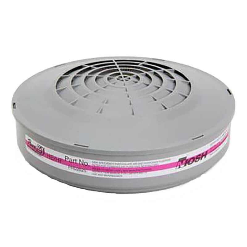 The HE/HF Filter Replacement Pureweld ESM Respirator PR02026SP by PK Safety Supply is a round, gray NIOSH-approved respirator filter featuring a pink label around the side. Specifically designed for Pureweld PAPR systems, it has a grid-like top design to ensure optimal airflow.
