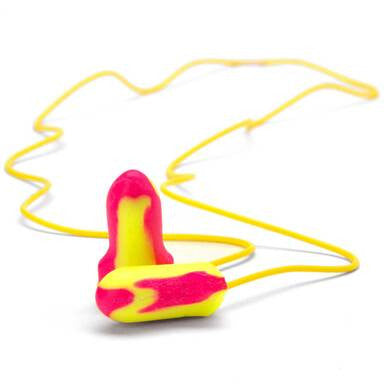 The Honeywell Safety Howard Leight Laser-Lite Disposable Corded Earplugs boast a vibrant pink and yellow contoured design connected by a yellow cord. With an impressive NRR 32 rating, these earplugs provide exceptional noise reduction while ensuring comfort.