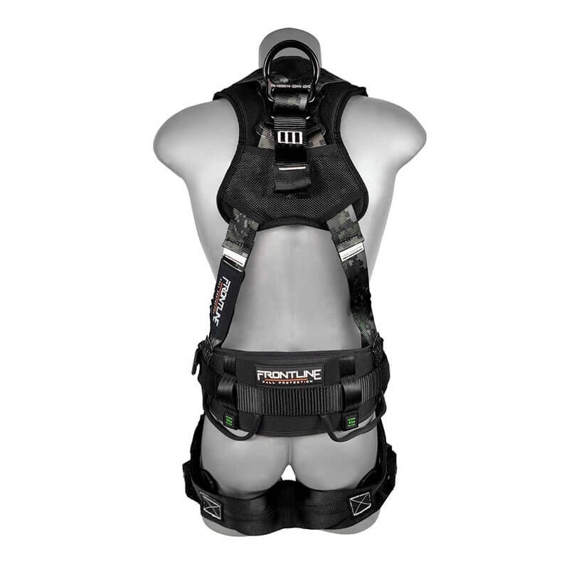 A Frontline Digital Camo Harness with aluminum hardware and trauma straps from Frontline Fall Protection is displayed on a gray mannequin torso, back view, highlighting the padded design and premium fall protection gear.