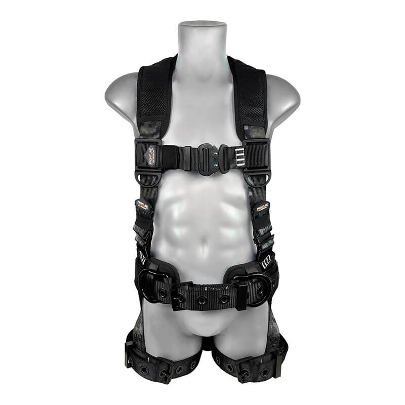 The Frontline Digital Camo Harness by Frontline Fall Protection is shown on a gray headless mannequin, featuring adjustable straps at shoulders, chest, waist, and thighs with aluminum hardware and trauma straps.