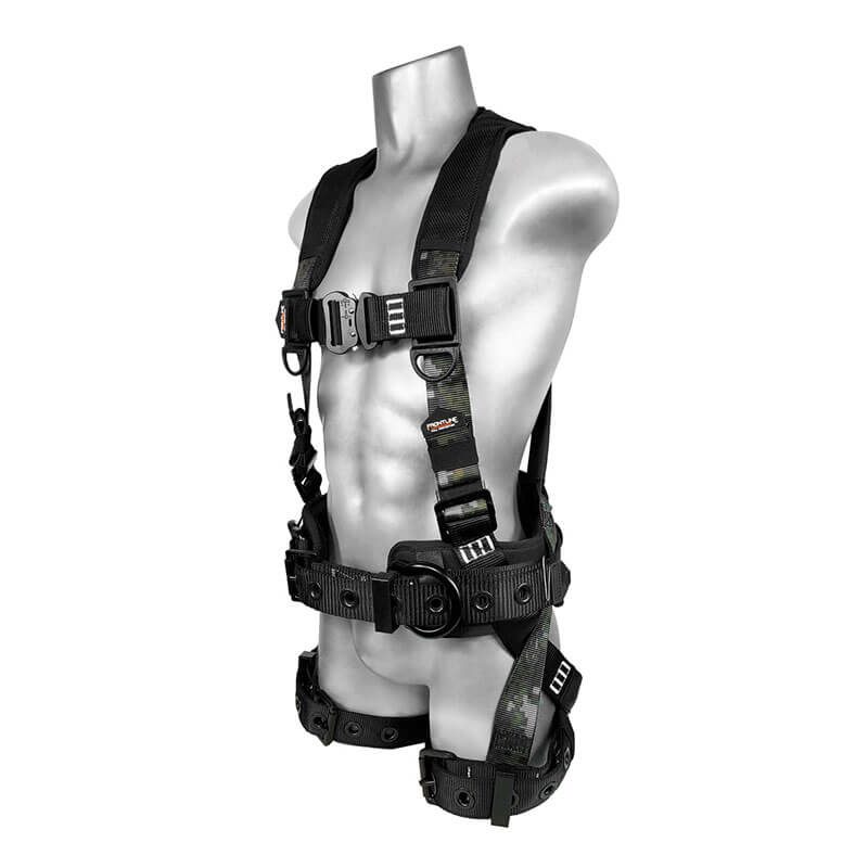 A metallic mannequin torso showcases the Frontline Digital Camo Harness by Frontline Fall Protection, featuring aluminum hardware, trauma straps, adjustable shoulder, chest, waist, and leg straps for reliable fall protection.