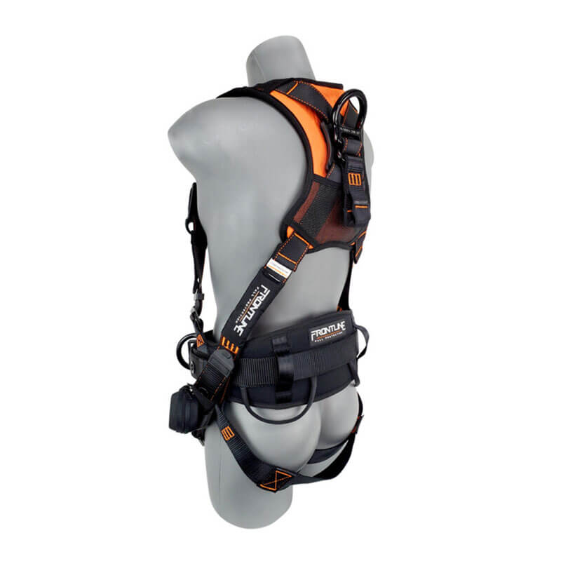 A gray mannequin is shown from the back wearing the Frontline Fall Protection Combat Lite Harness with aluminum hardware and trauma straps, featuring multiple black and orange straps, buckles, and attachment points.