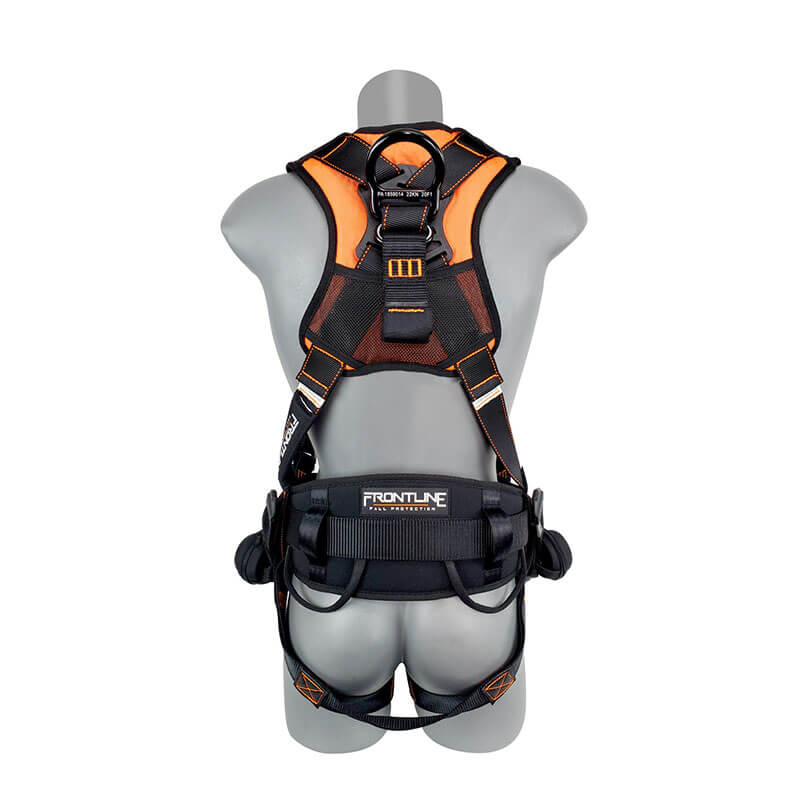 A gray mannequin displays the Frontline Combat Lite Harness with aluminum hardware and trauma straps by Frontline Fall Protection. This black and orange full body harness, shown from the back, is essential for fall protection work.