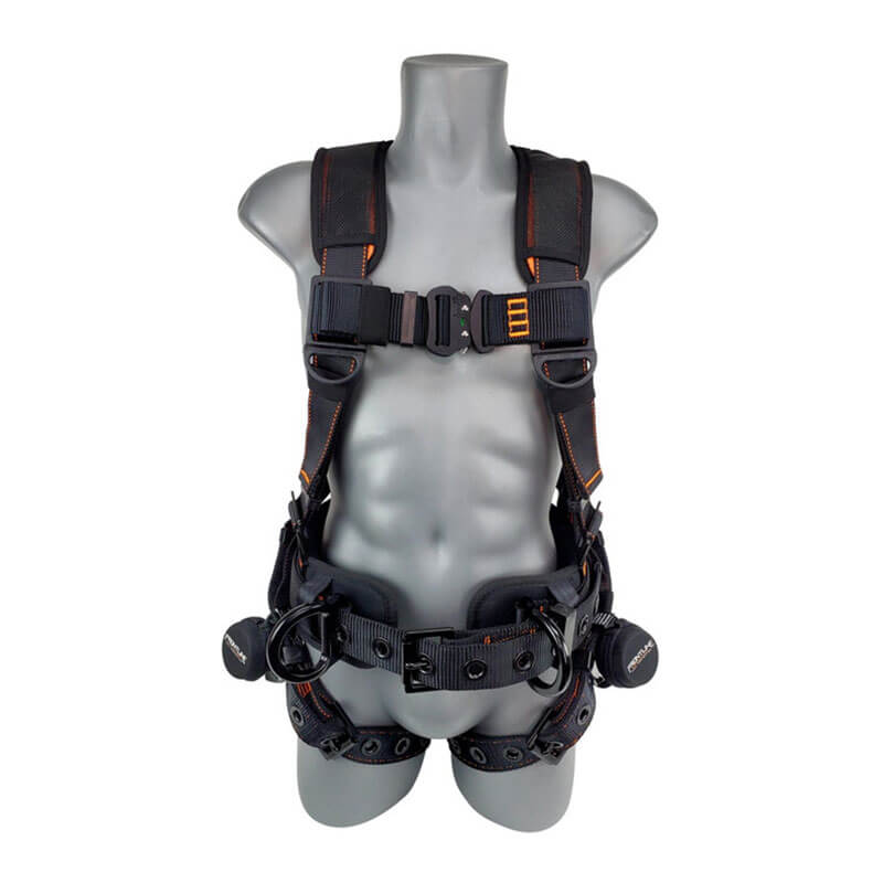 A gray mannequin torso displays the Frontline Combat Lite Harness Aluminum HW & Trauma Straps by Frontline Fall Protection, featuring padded black shoulder/waist straps, orange stitching, metal buckles, trauma straps, and fall protection attachment points.