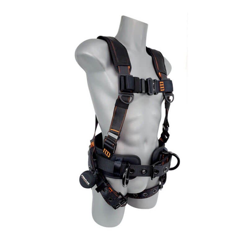 A gray mannequin torso displays the Frontline Combat Lite Harness Aluminum HW & Trauma Straps by Frontline Fall Protection—a black full body harness with orange stitching, adjustable straps, buckles, and attachment points for superior safety.