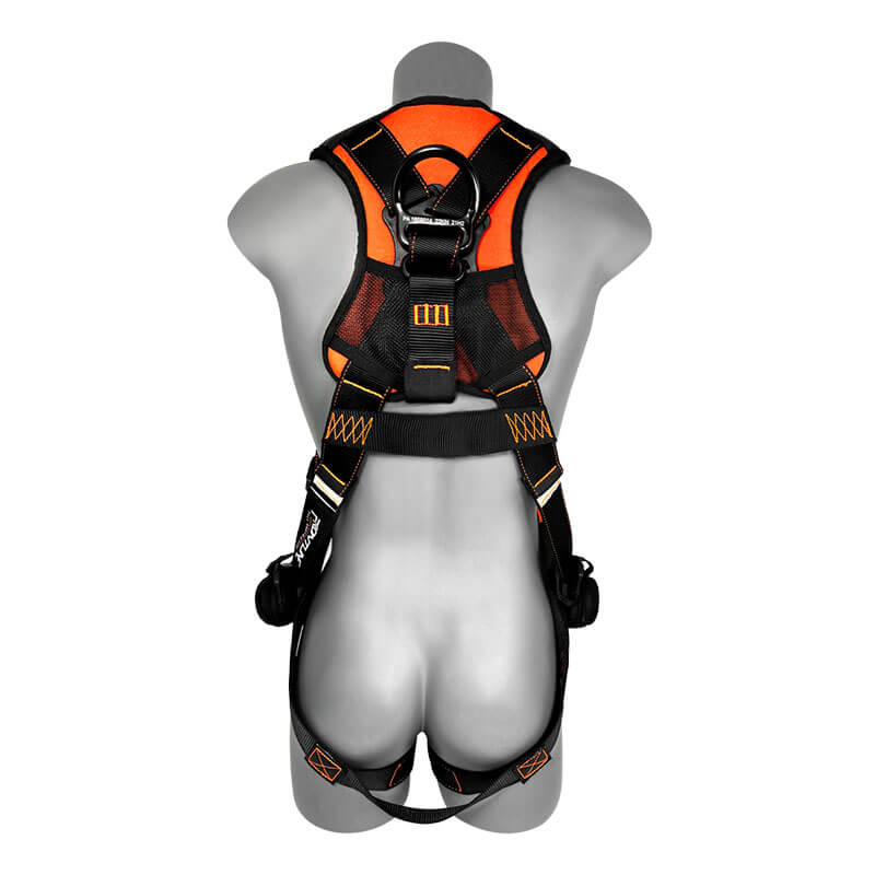 A mannequin displays the Frontline Fall Protection Combat Lite Vest Harness Aluminum HW & Straps in orange and black, shown from the back. The harness includes adjustable straps, aluminum hardware, and suspension trauma straps for added safety.