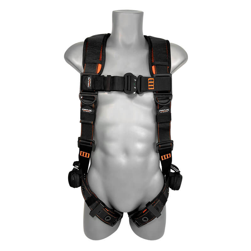 The Frontline Combat Premium Roofers Kit with 50' VLL RK110V50 by Frontline Fall Protection is shown on a gray, featureless mannequin torso. The black harness with orange stitching features adjustable straps for shoulders, waist, and thighs.