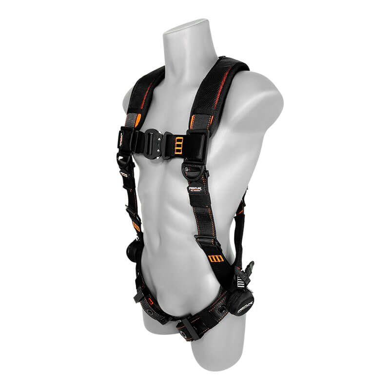 A gray mannequin torso displays the Frontline Combat Lite Vest Harness Aluminum HW & Straps by Frontline Fall Protection, a black fall protection harness with orange stitching and multiple adjustable buckles on the chest, waist, and thighs.