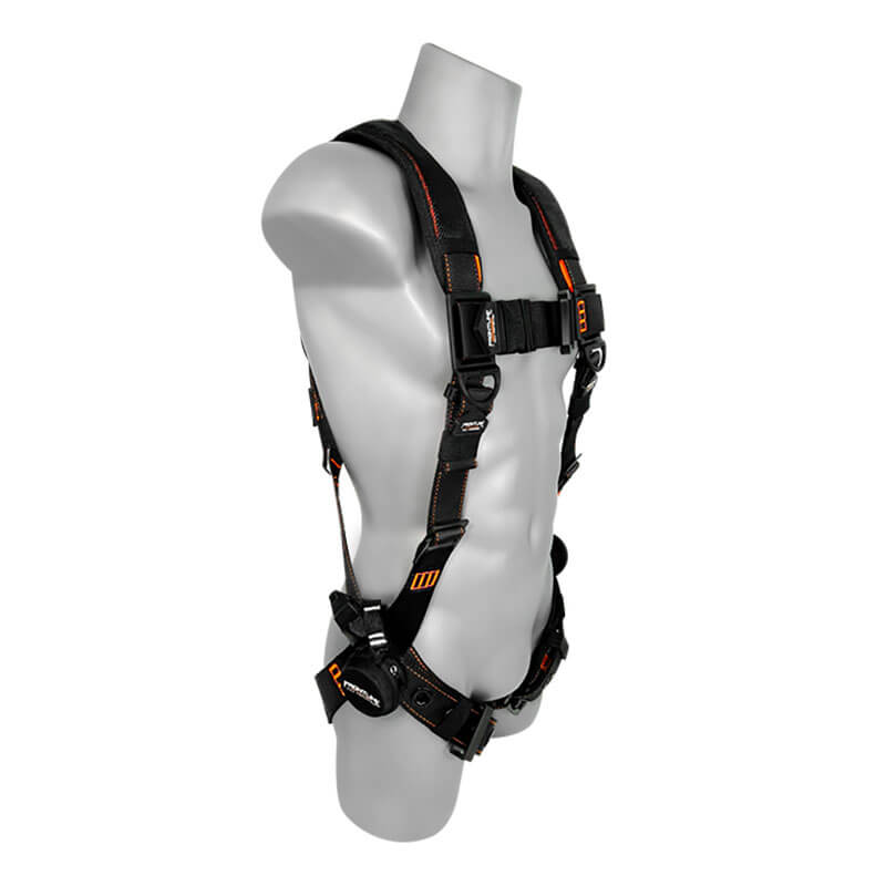 A gray mannequin torso displays the Frontline Fall Protection Combat Lite Vest Harness Aluminum HW & Straps in black with orange stitching, featuring multiple adjustable straps, buckles for fall protection, and integrated suspension trauma straps.