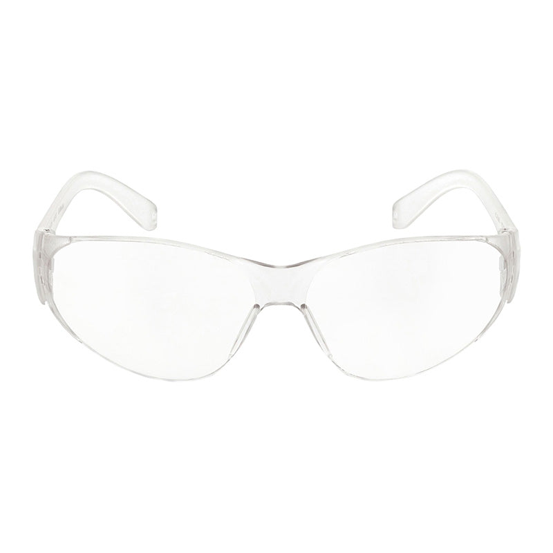 MCR Safety Checklite CL11 scratch-resistant safety glasses (12/box) feature transparent lenses and frames, shown front-facing on a white background. These ANSI Z87+ glasses provide reliable eye protection.